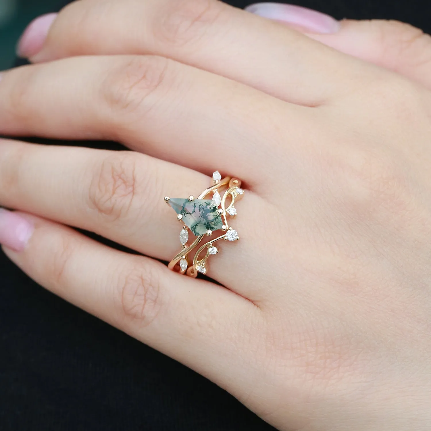 Unique Kite Cut Moss Agate Infinity Engagement Ring Sets 2pcs