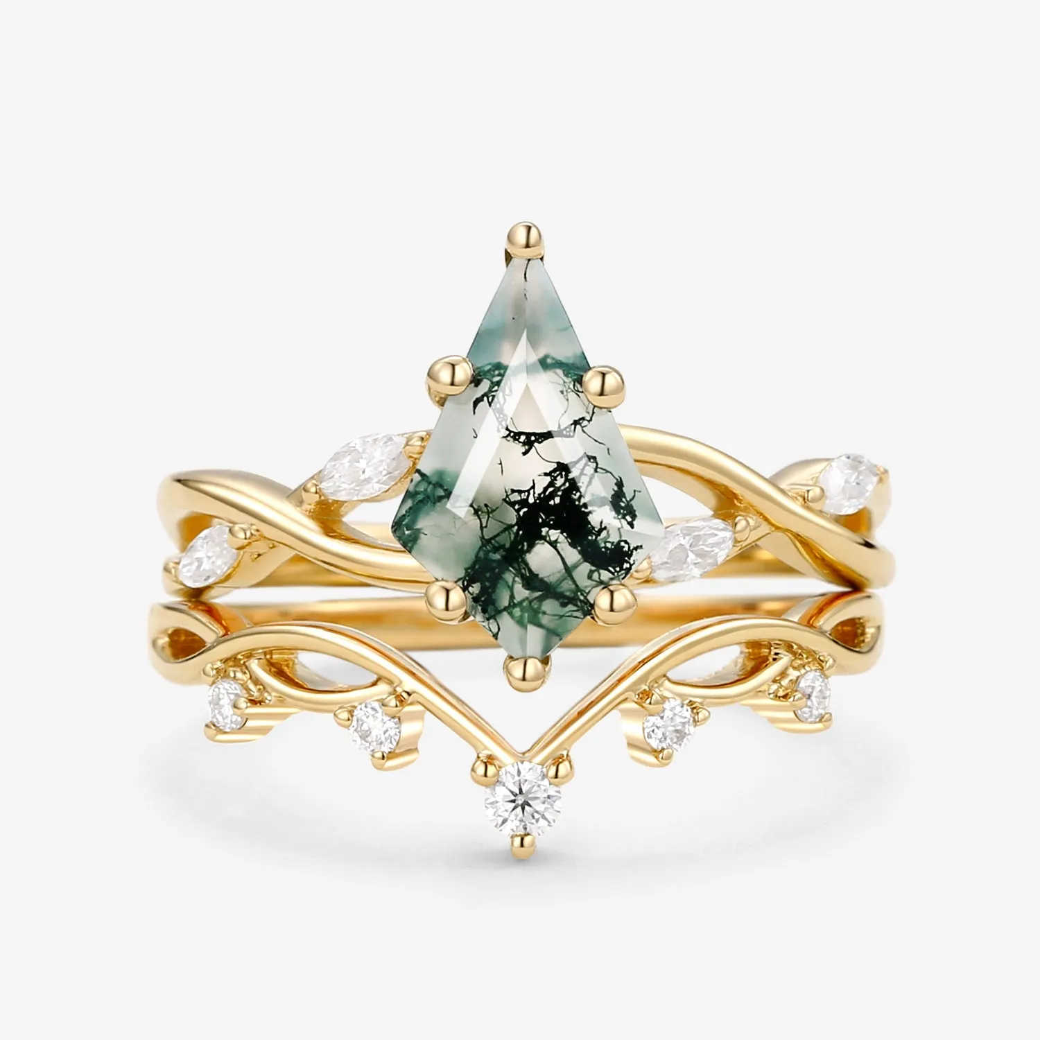Unique Kite Cut Moss Agate Infinity Engagement Ring Sets 2pcs