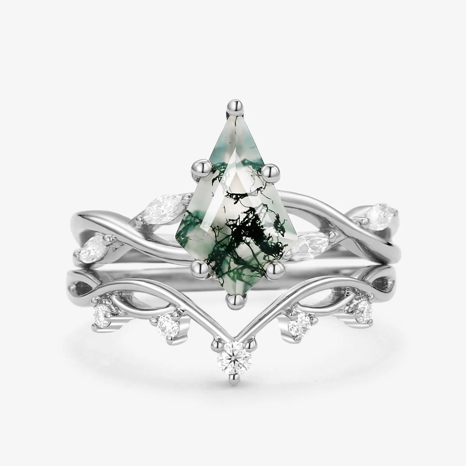 Unique Kite Cut Moss Agate Infinity Engagement Ring Sets 2pcs