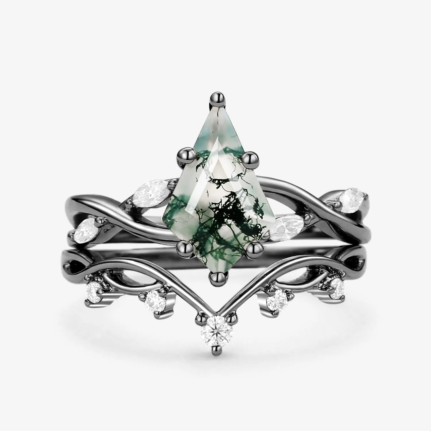 Unique Kite Cut Moss Agate Infinity Engagement Ring Sets 2pcs