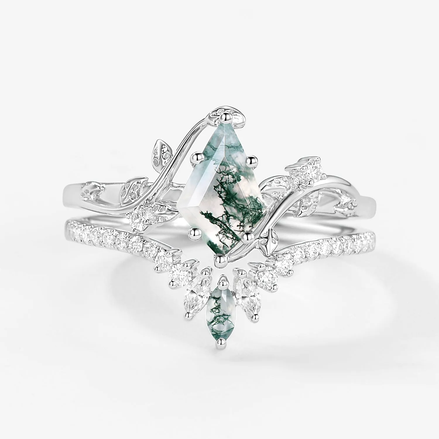 Unique Kite Cut Moss Agate Vine Bridal Ring Sets 2pcs