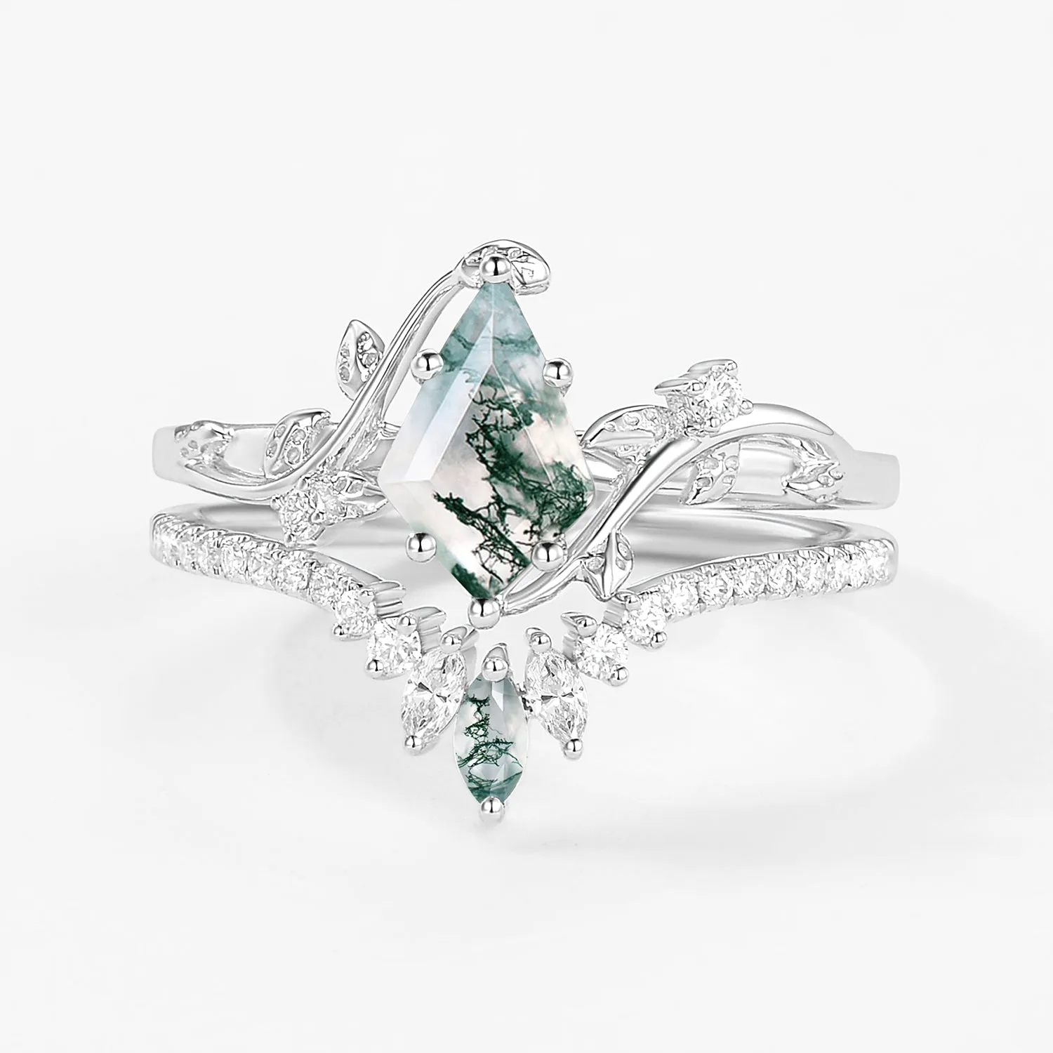 Unique Kite Cut Moss Agate Vine Bridal Ring Sets 2pcs