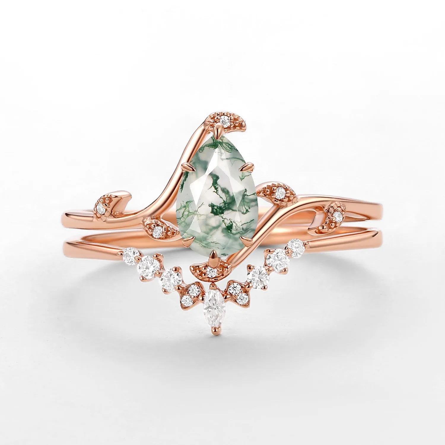 Unique Pear Cut Moss Agate Leafy Engagement Ring Sets 2pcs - Ivy