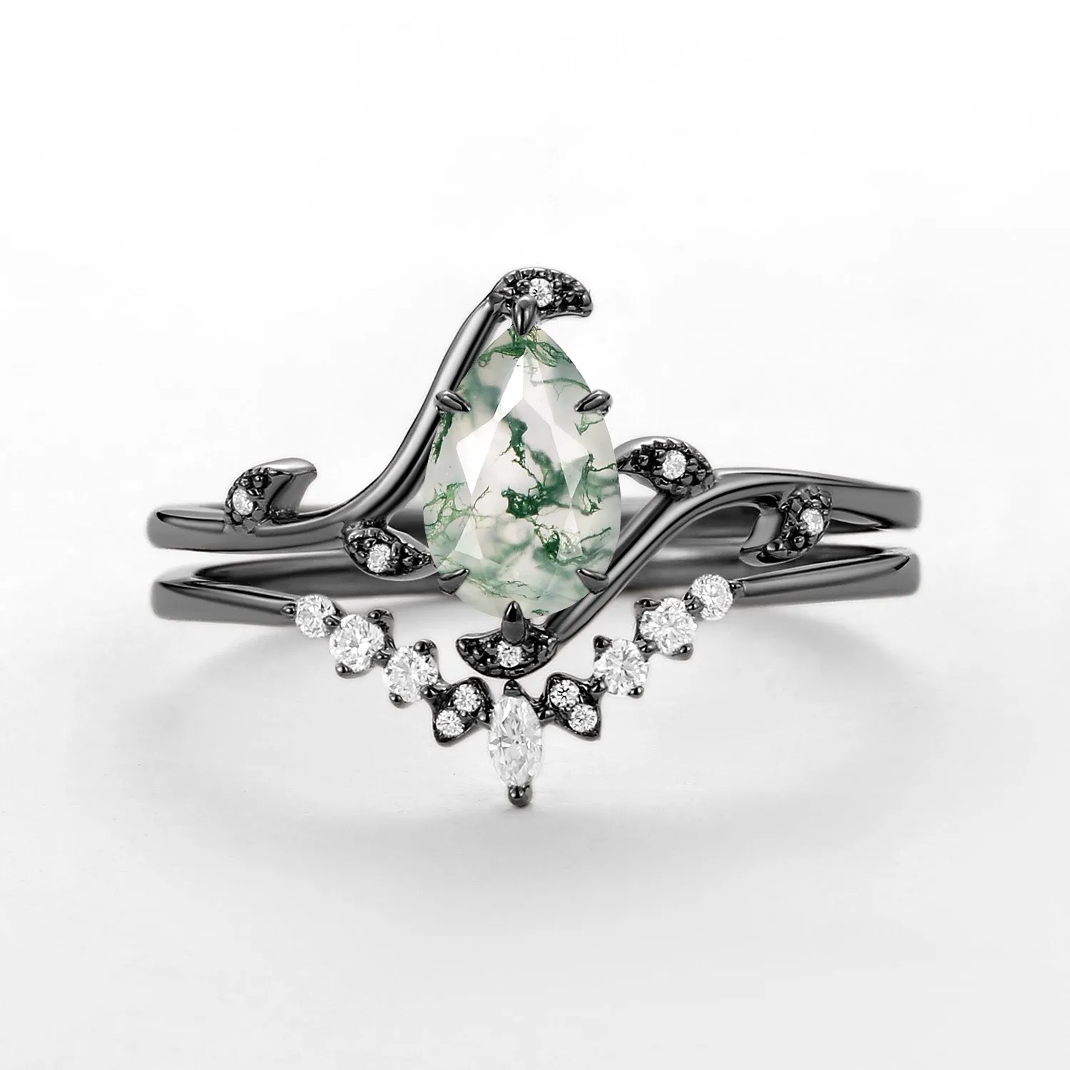 Unique Pear Cut Moss Agate Leafy Engagement Ring Sets 2pcs - Ivy