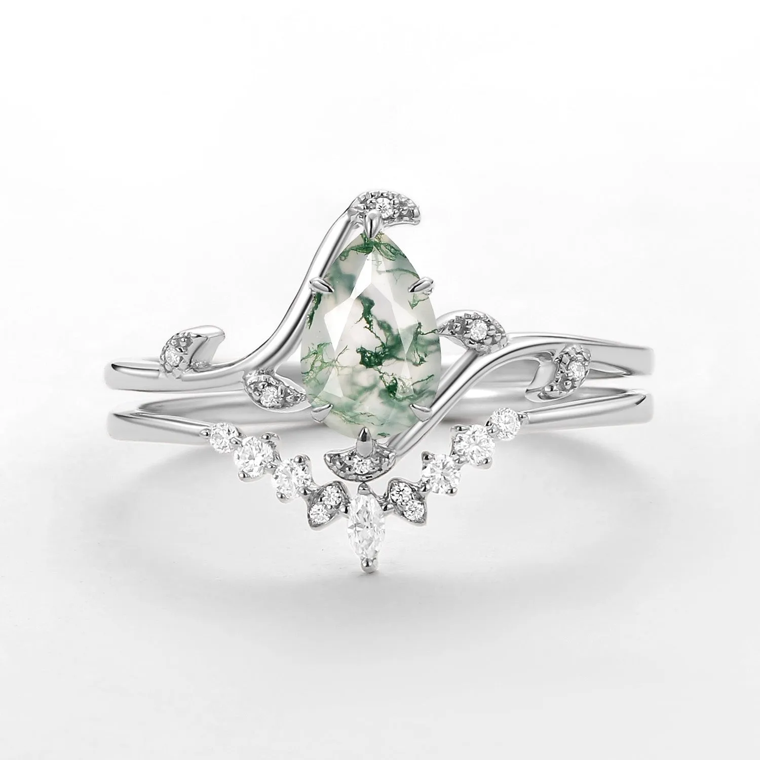Unique Pear Cut Moss Agate Leafy Engagement Ring Sets 2pcs - Ivy