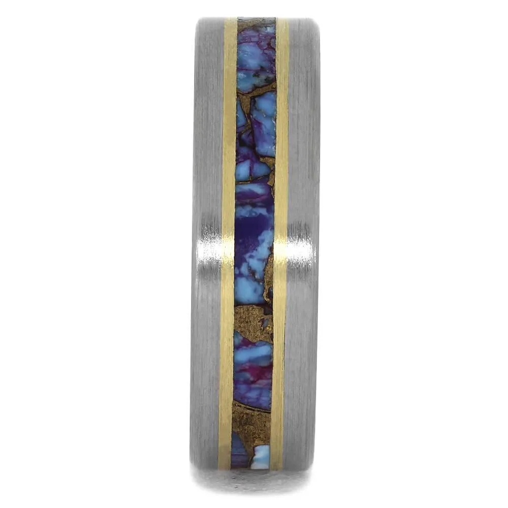 Unique Turquoise Wedding Band With Gold Pinstripes