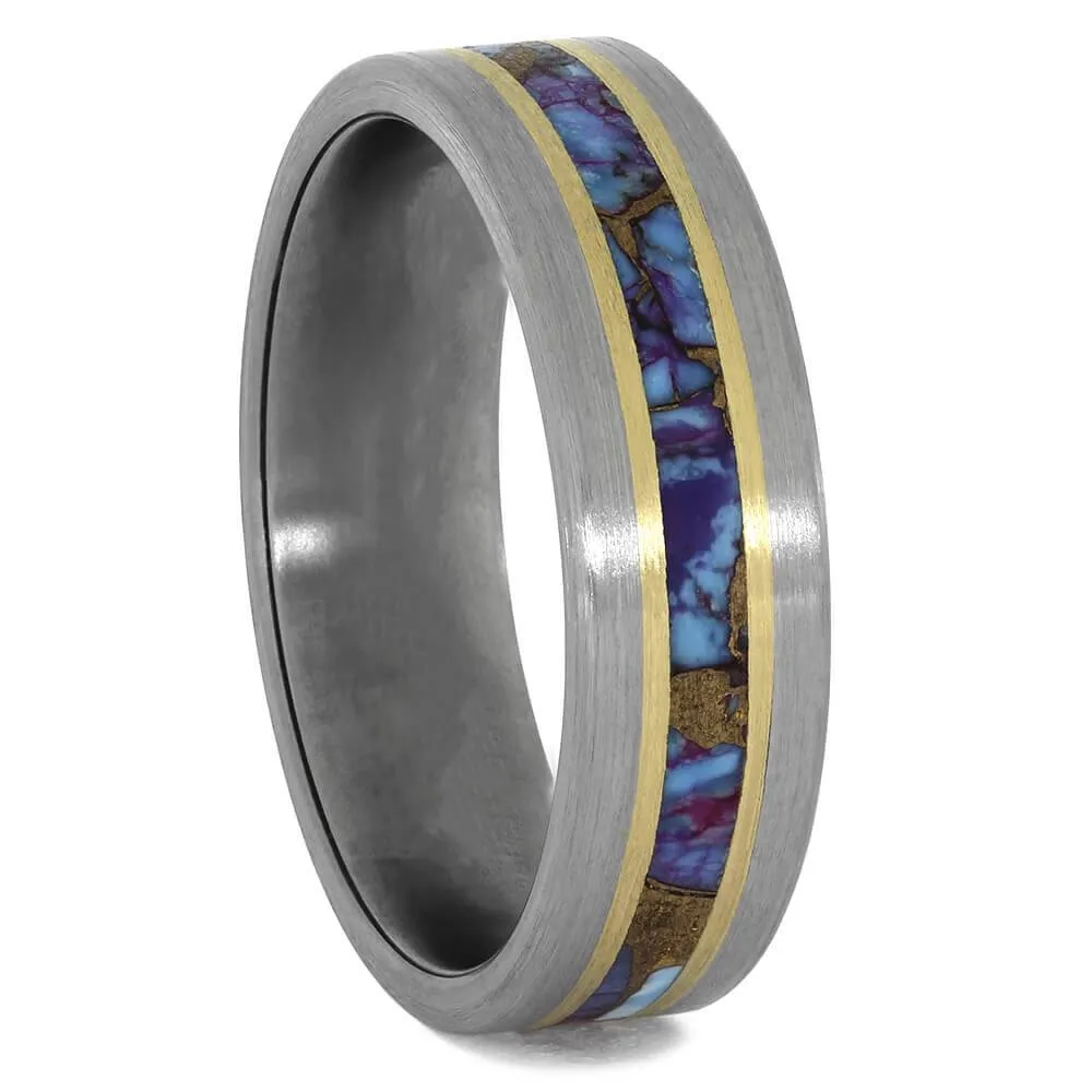 Unique Turquoise Wedding Band With Gold Pinstripes