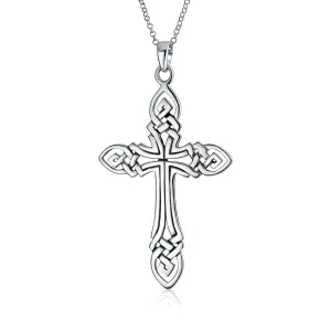 Unisex Viking Celtic Knot Cross Pendant Necklace in Sterling Silver 2.5 Inch