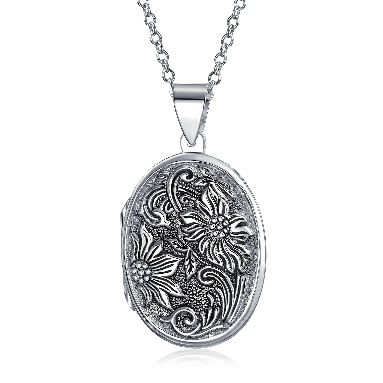 Vintage Style Sunflower Photo Oval Locket Necklace in Sterling Silver