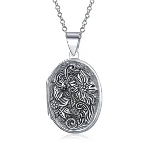 Vintage Style Sunflower Photo Oval Locket Necklace in Sterling Silver