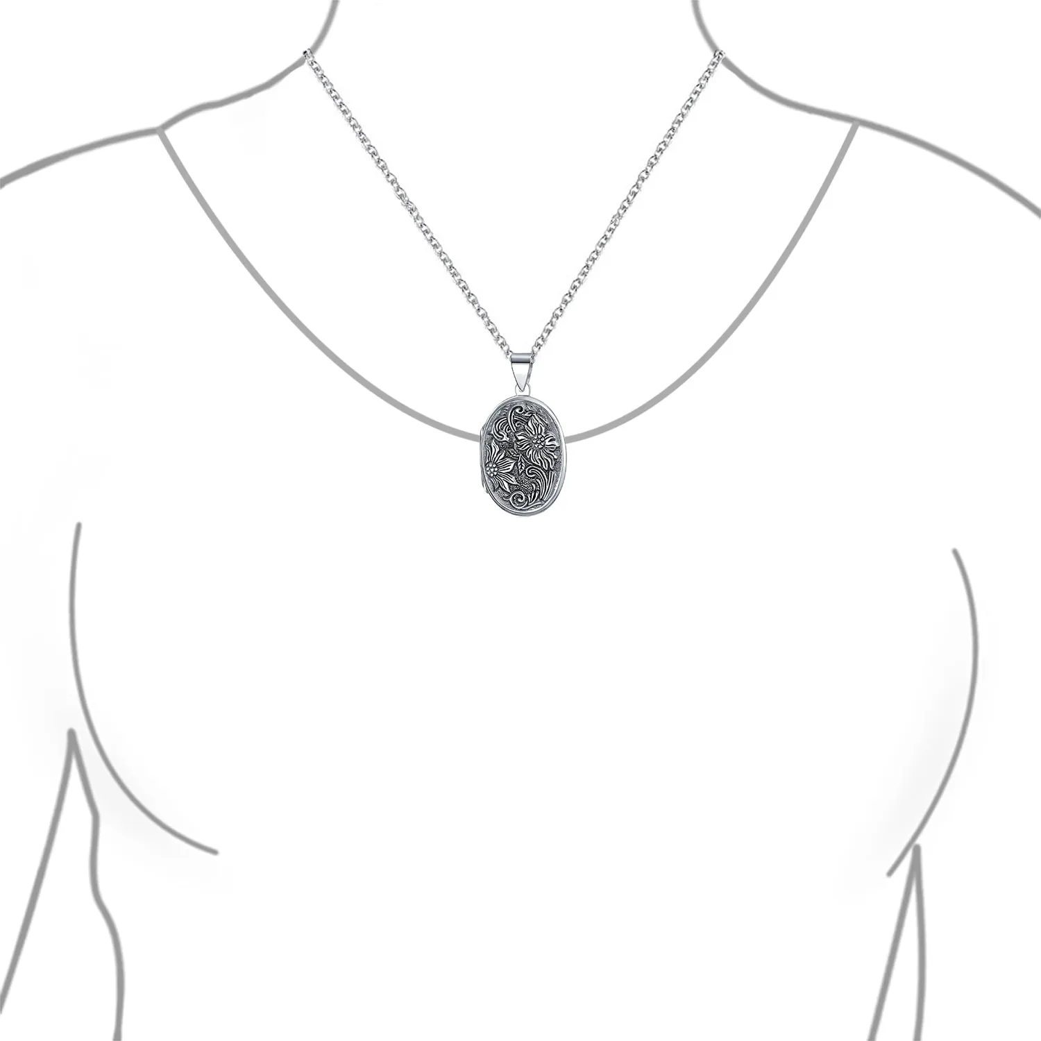 Vintage Style Sunflower Photo Oval Locket Necklace in Sterling Silver