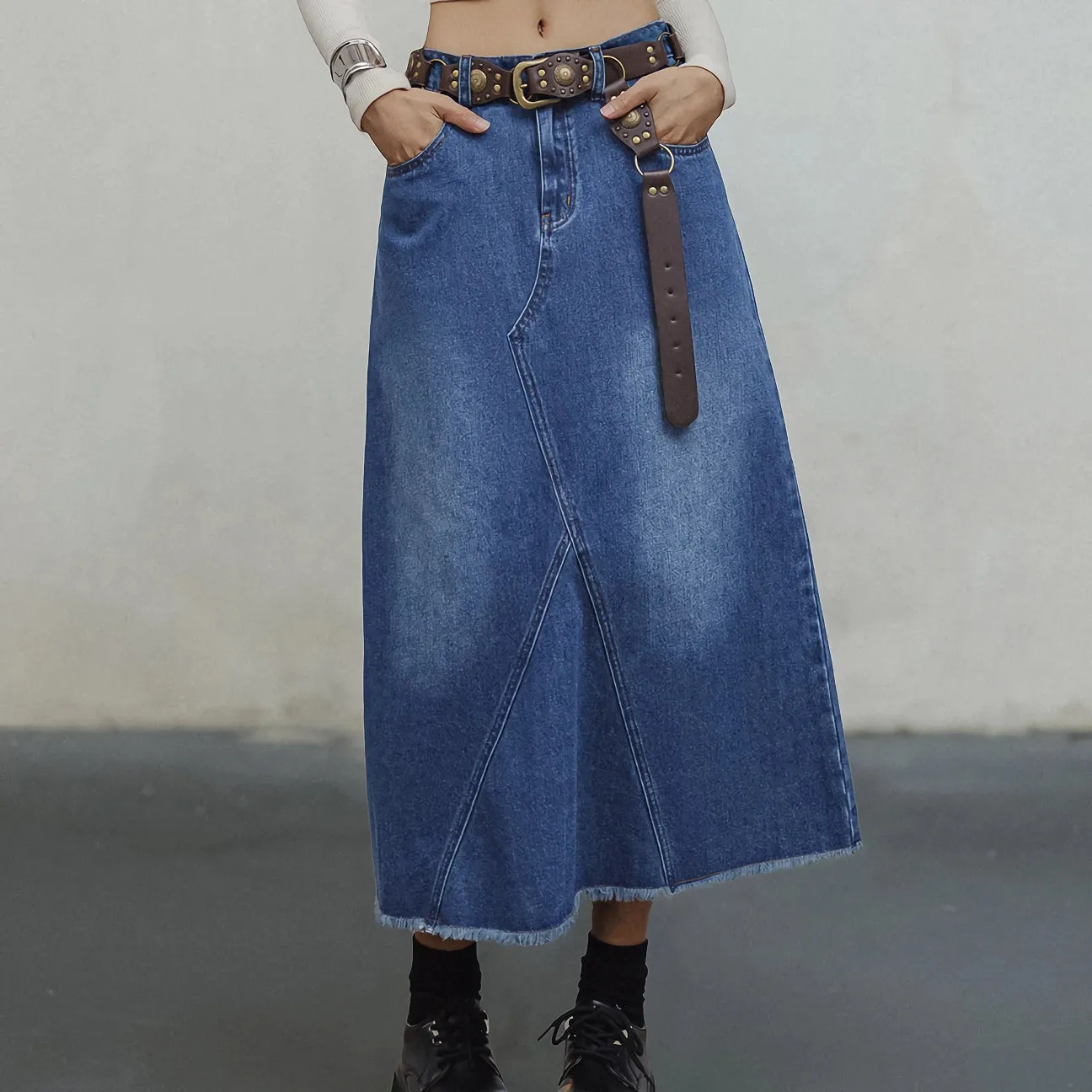 Vintage Washed Asymmetrical Denim A-line Skirt for Women