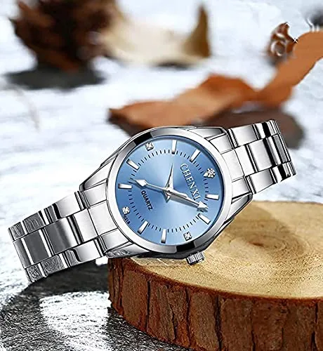 Watches for Women Analog Quartz Silver Stainless Steel Watches Luminous Waterproof Ladies Dress Watch (021Blue)