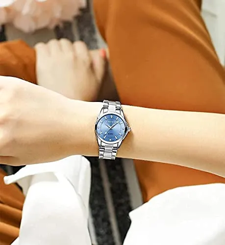 Watches for Women Analog Quartz Silver Stainless Steel Watches Luminous Waterproof Ladies Dress Watch (021Blue)