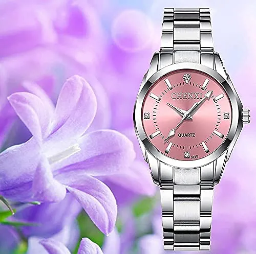 Watches for Women Analog Quartz Silver Stainless Steel Watches Luminous Waterproof Ladies Dress Watch (021pink)
