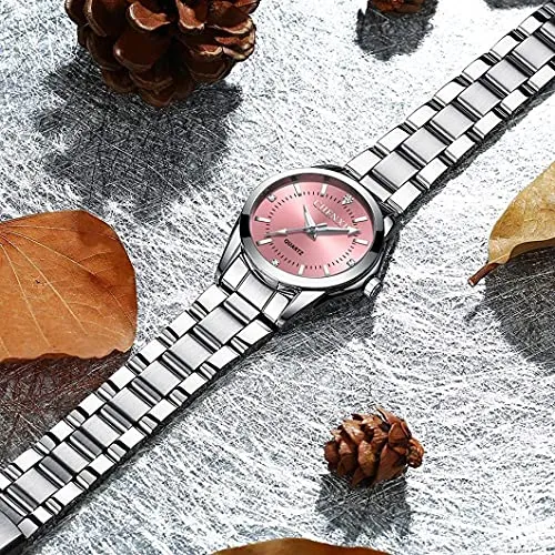 Watches for Women Analog Quartz Silver Stainless Steel Watches Luminous Waterproof Ladies Dress Watch (021pink)