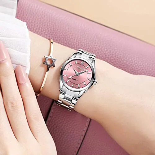 Watches for Women Analog Quartz Silver Stainless Steel Watches Luminous Waterproof Ladies Dress Watch (021pink)