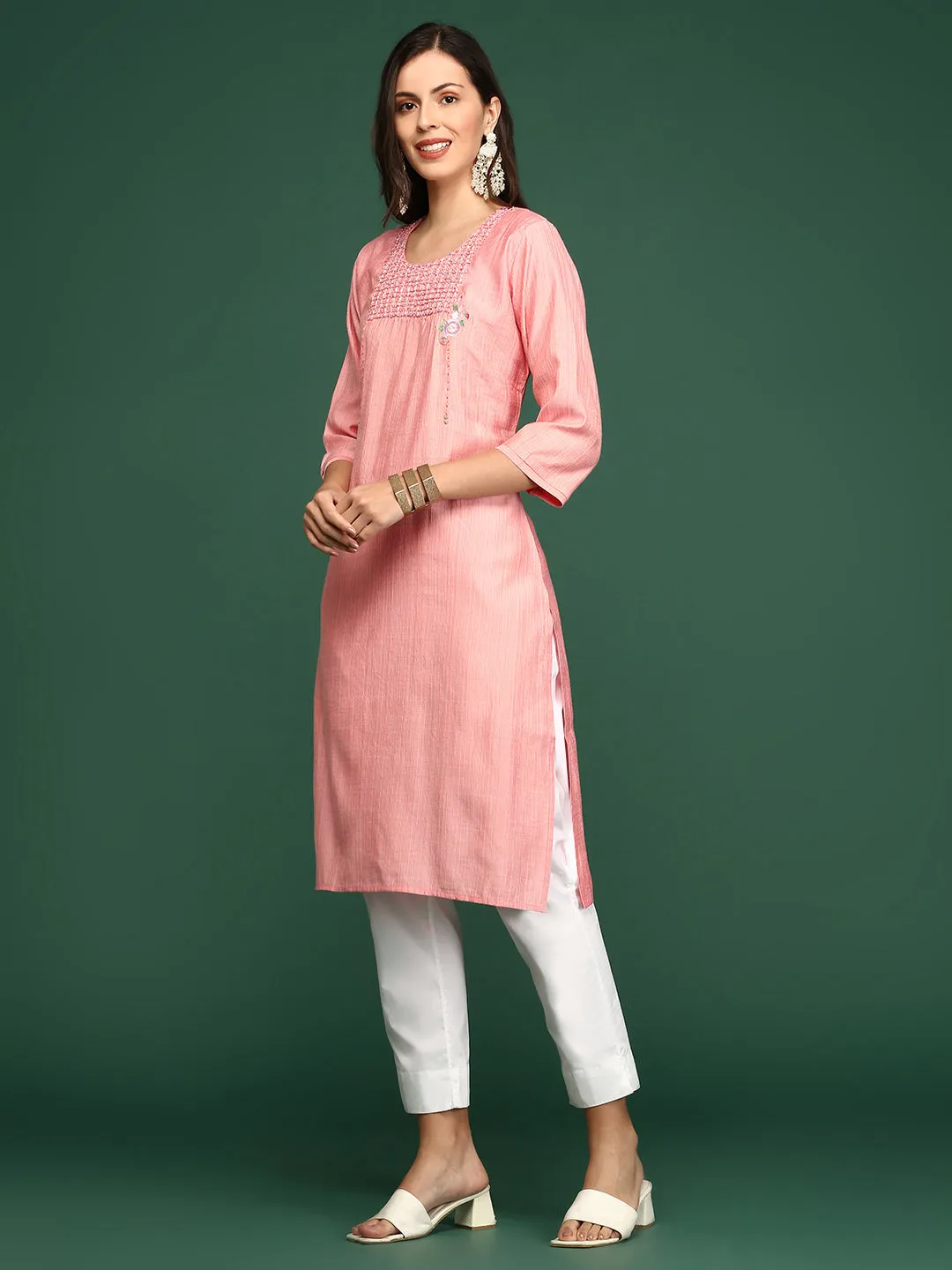 Women's Peach Solid Straight Kurta