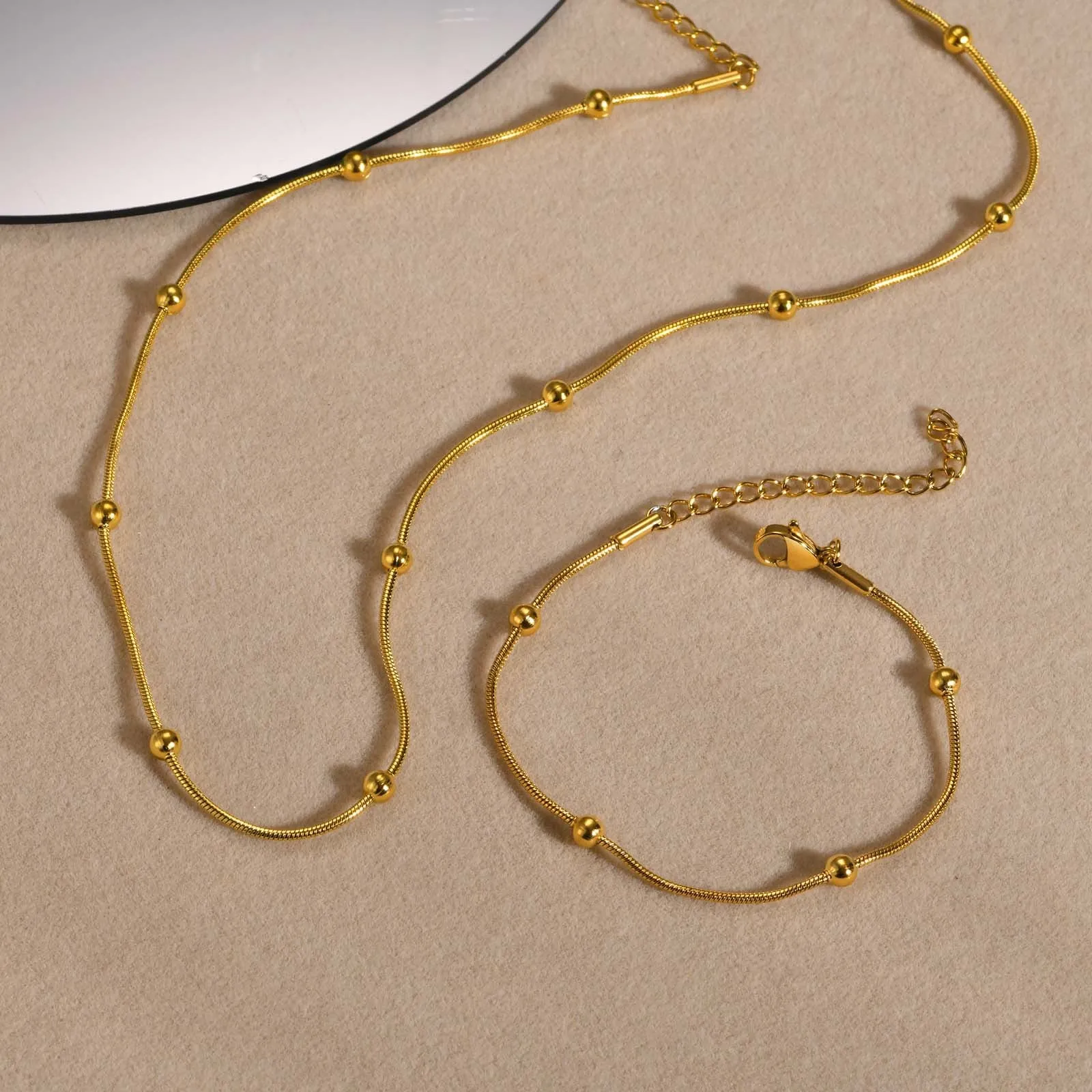 Women's Simple Separated Bead Gold Chain Necklace & Chain Bracelet