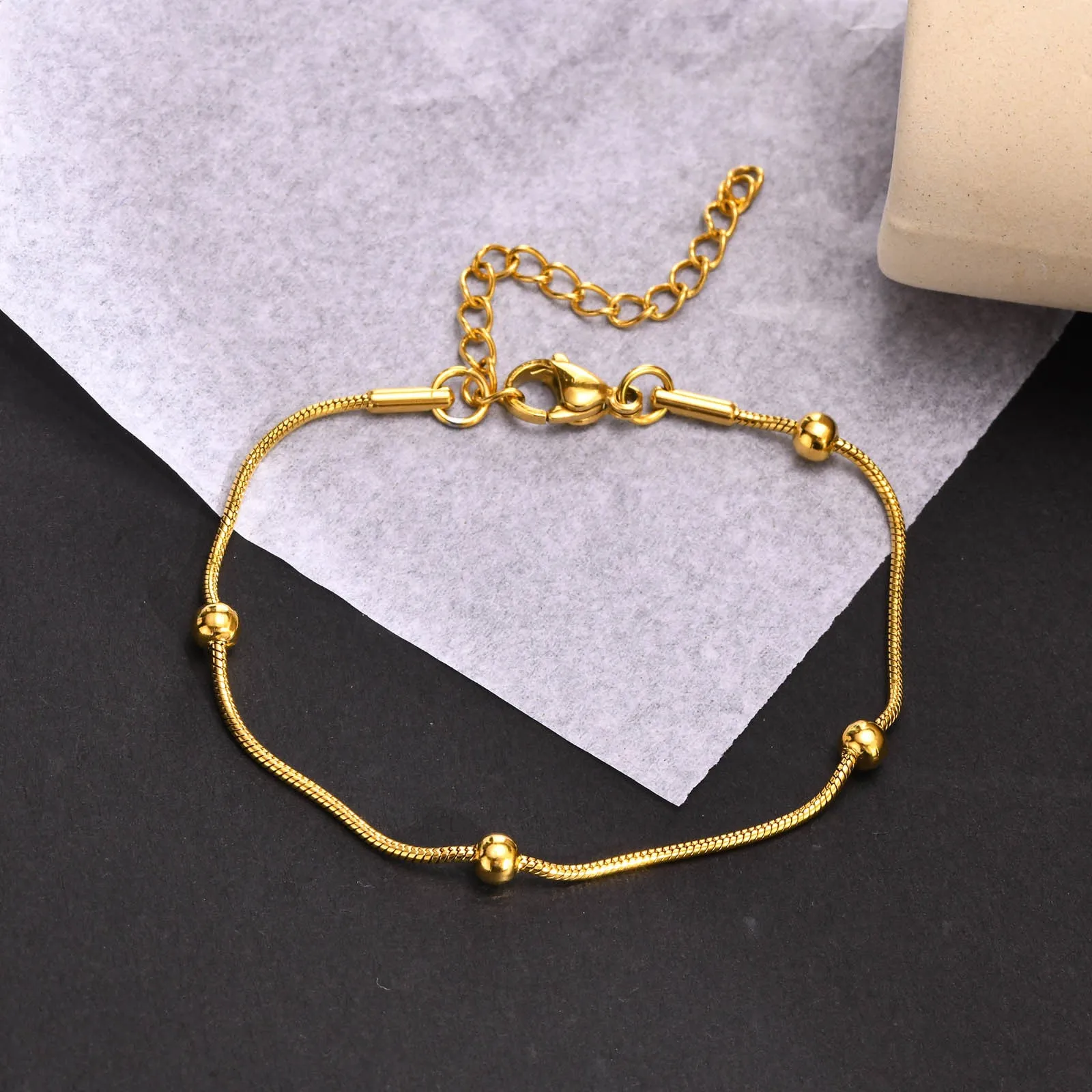 Women's Simple Separated Bead Gold Chain Necklace & Chain Bracelet