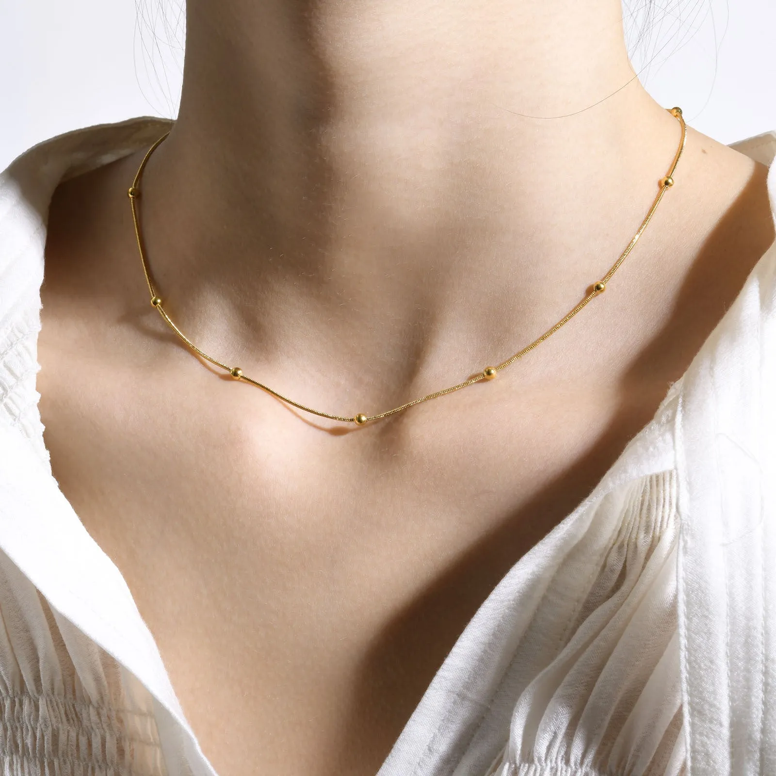 Women's Simple Separated Bead Gold Chain Necklace & Chain Bracelet