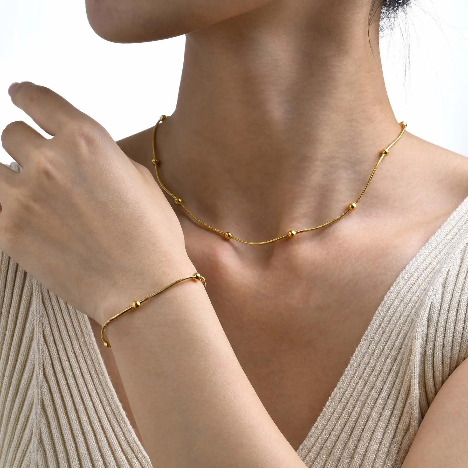 Women's Simple Separated Bead Gold Chain Necklace & Chain Bracelet