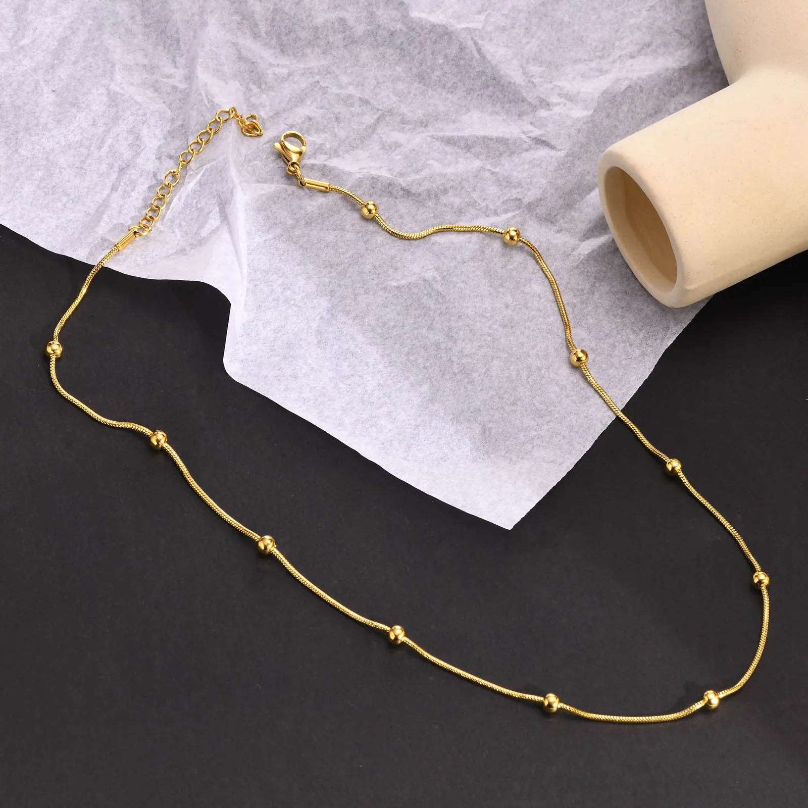 Women's Simple Separated Bead Gold Chain Necklace & Chain Bracelet