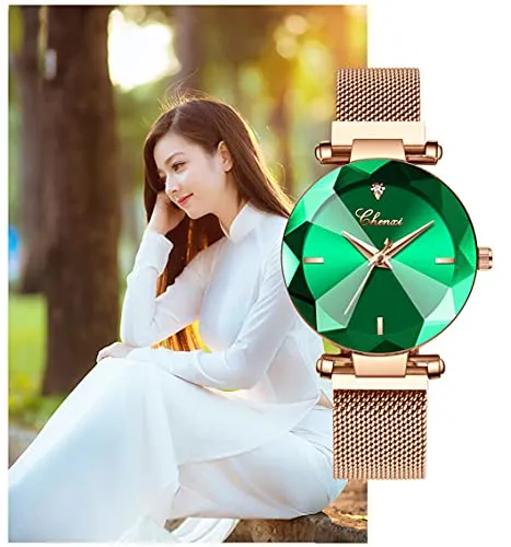 Women's Watches Fashion Shine Crystal Cutting Mirror Wrist Watch Rose Gold Stainless Steel Mesh Band Waterproof Analog Quartz Watches (A Green)
